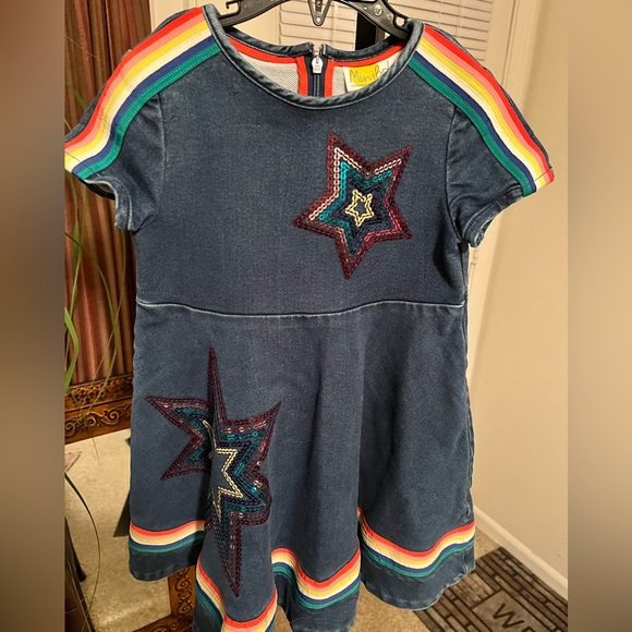 MINI BODEN PRE-LOVED AUTHENTIC DENIM RAINBOW TRIM & SEQUIN DESIGN SWING DRESS - Picture 5 of 17